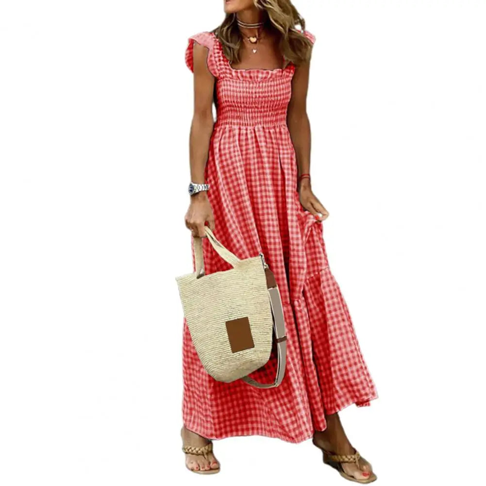 2025 Square Collar Sleeveless Women Dress Elastic Chest Wrap Ruffle Large Hem Women Plaid Print Sling Maxi Dress Summer Sundress