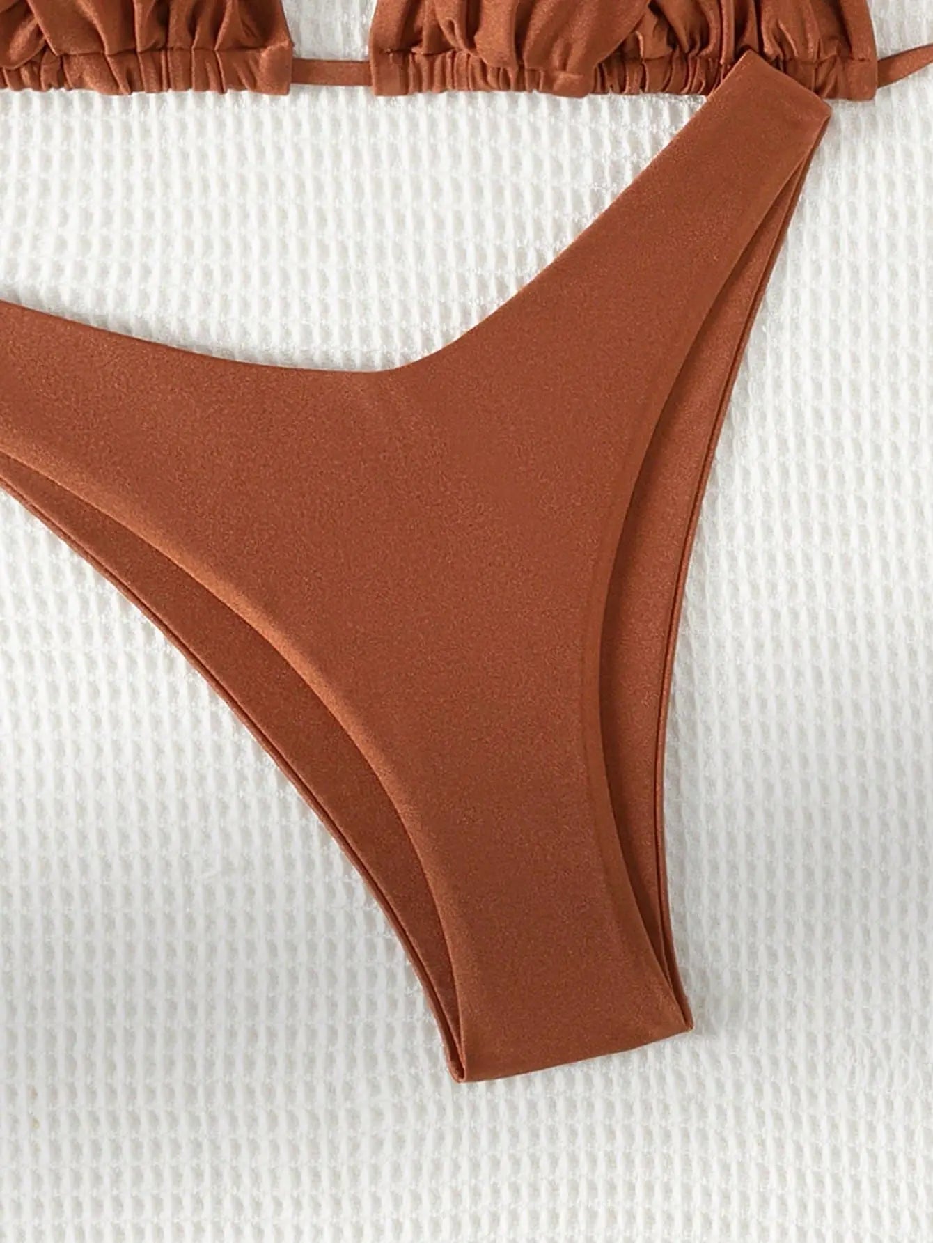 Solid Color Coffee 2 Piece Swimsuit for Women 2025 New Pleated Triangle Halter Backless Bikini Set Swimwear Beach Bathing Suit