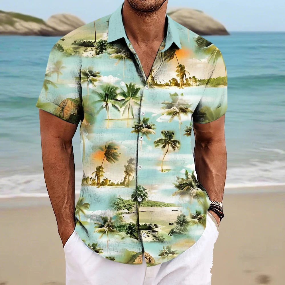 Beach Men's Lapel Shirt Summer Short Sleeve Outdoor Everyday Shirt Tops Landscape Printed Pattern OverSize Loose Men Clothing