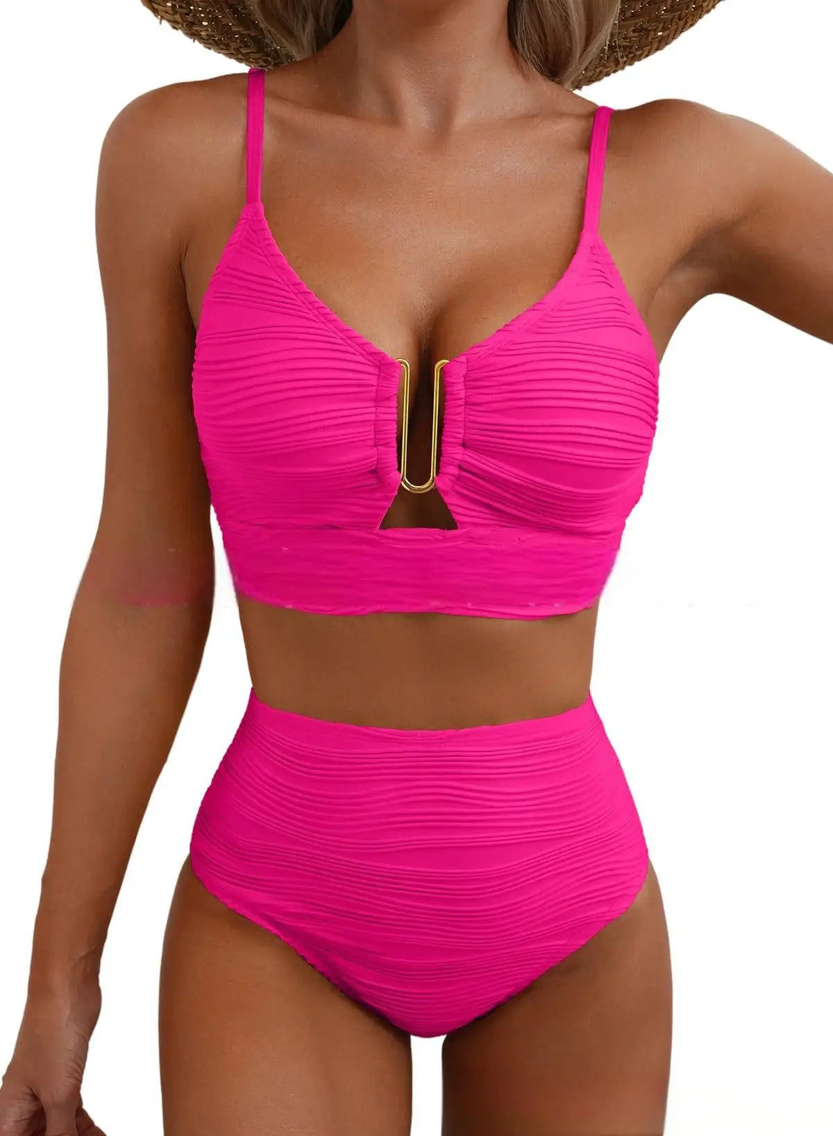 2025 Swimwear Woman Bikini Cutout V Neck Bikini Set High Waist Textured Swimsuit Adjustable Ties Women Beach Resort Wear