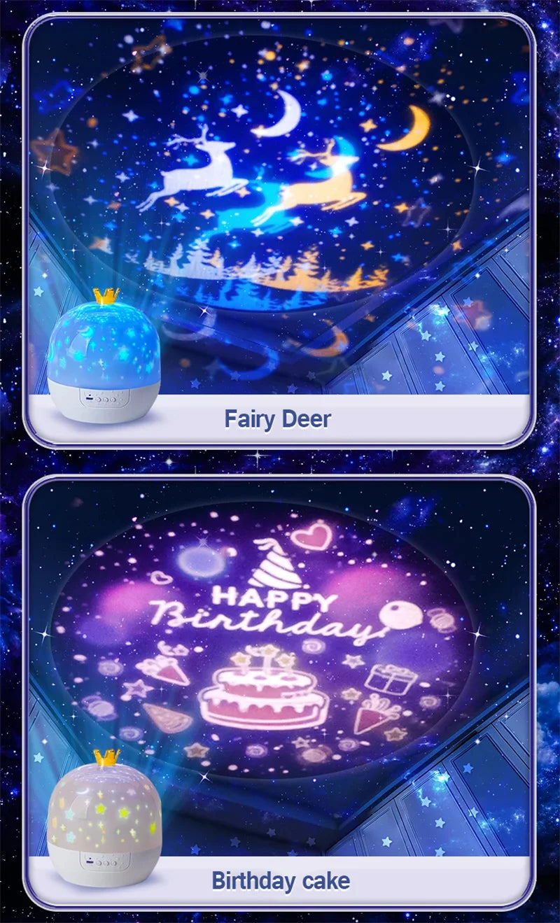 Crown Star Light Projection Rotating Star Bedroom Ceiling Atmosphere Night Lamp Stars Childrens Birthday Gift with Films Sheet