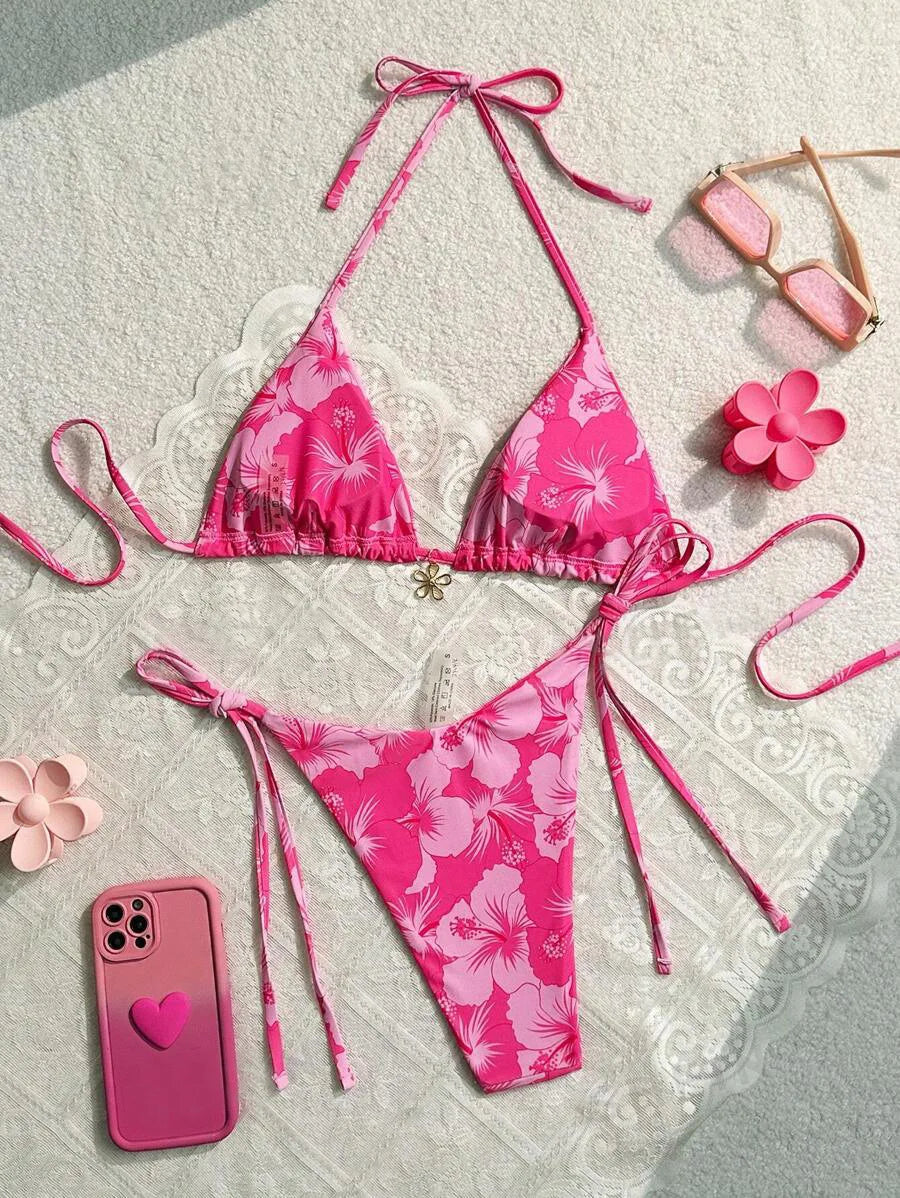 2025 Triangle Cup Bikini Set Printed Design Adjustable Straps Lightweight Separates Women Swimwear Beach Vacation Essential