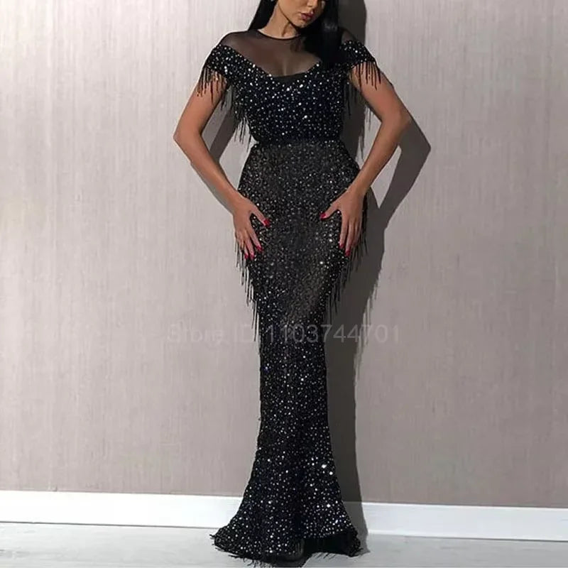 Evening Dress Hot Sale Sleeveless Tassel Evening Dresses V-Neck Leaf Tulle Embroidery Long Party Gown Elegant A-Line Formal Dres