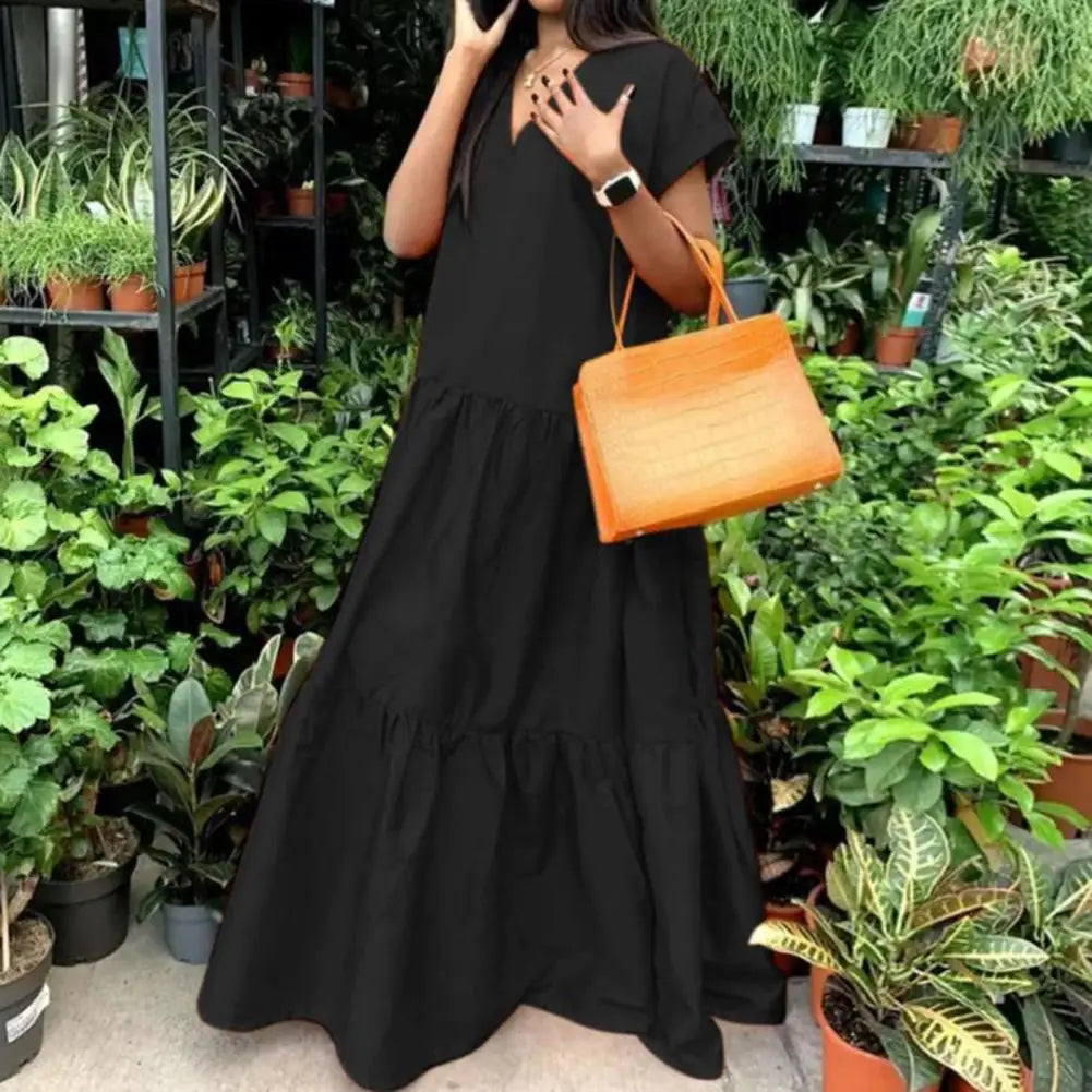 women sundress Loose V-neck Patchwork Short Sleeves Solid Color Beach Dress Summer Women Dress Elegant Large Hem Maxi Dress