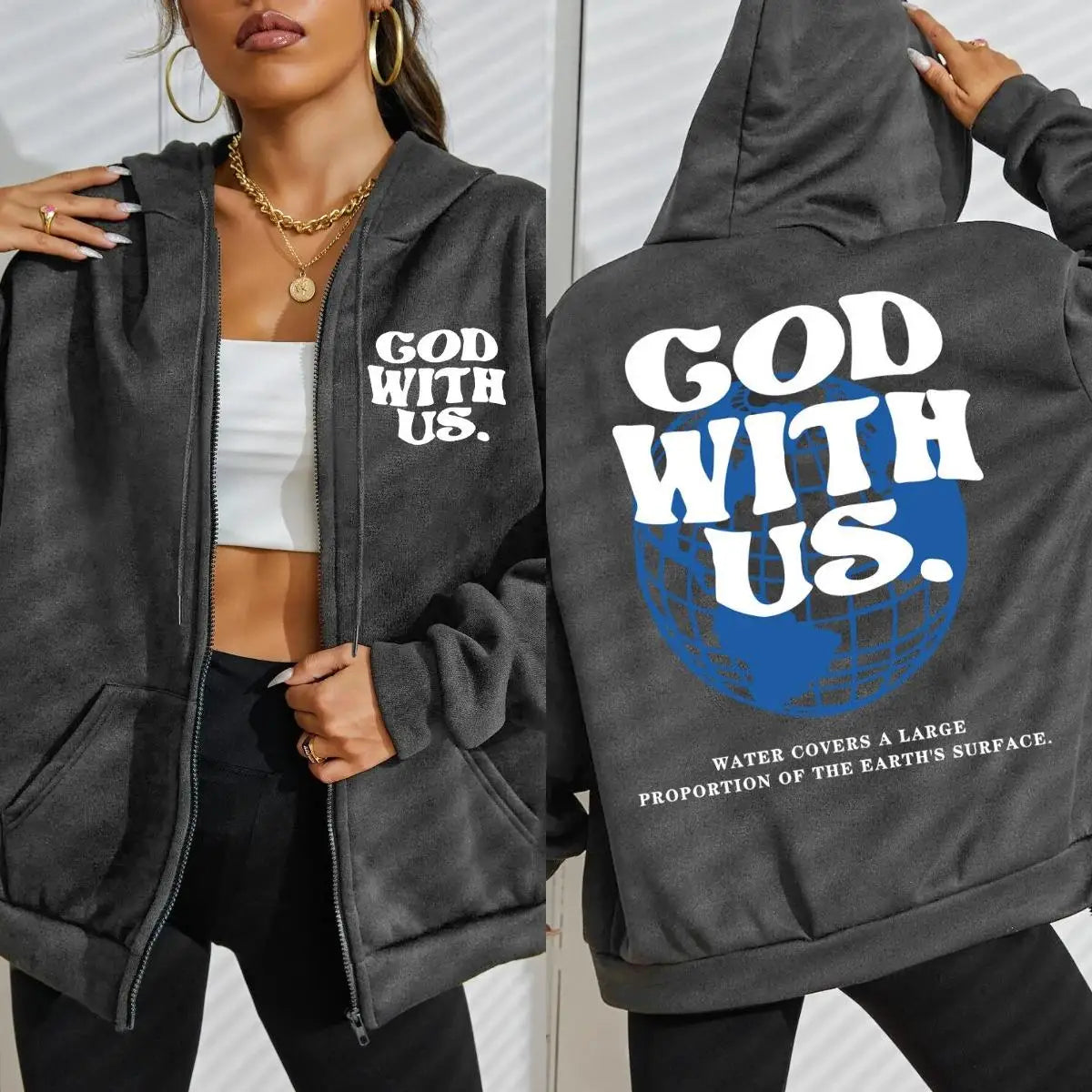God With Us Water Covers Earth Print Zipper Hoodie Women Street Fleece Hoody Fashion Casual Sportswears Autumn Loose Sportswear