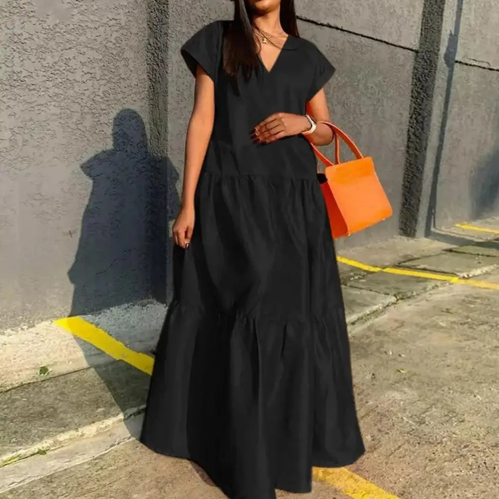 women sundress Loose V-neck Patchwork Short Sleeves Solid Color Beach Dress Summer Women Dress Elegant Large Hem Maxi Dress