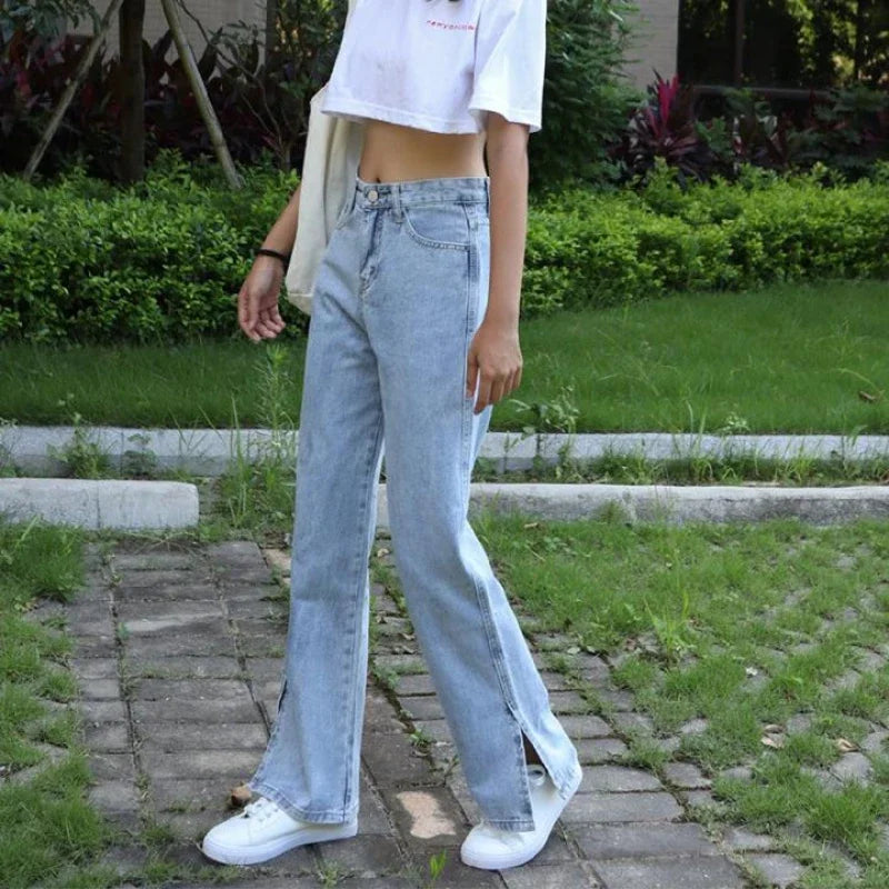 Con spacchi, jeans da donna, pantaloni in denim a gamba larga per le donne, pantaloni alla moda eleganti 2025, pantaloni larghi e lucidi più venduti in Corea del Sud.
