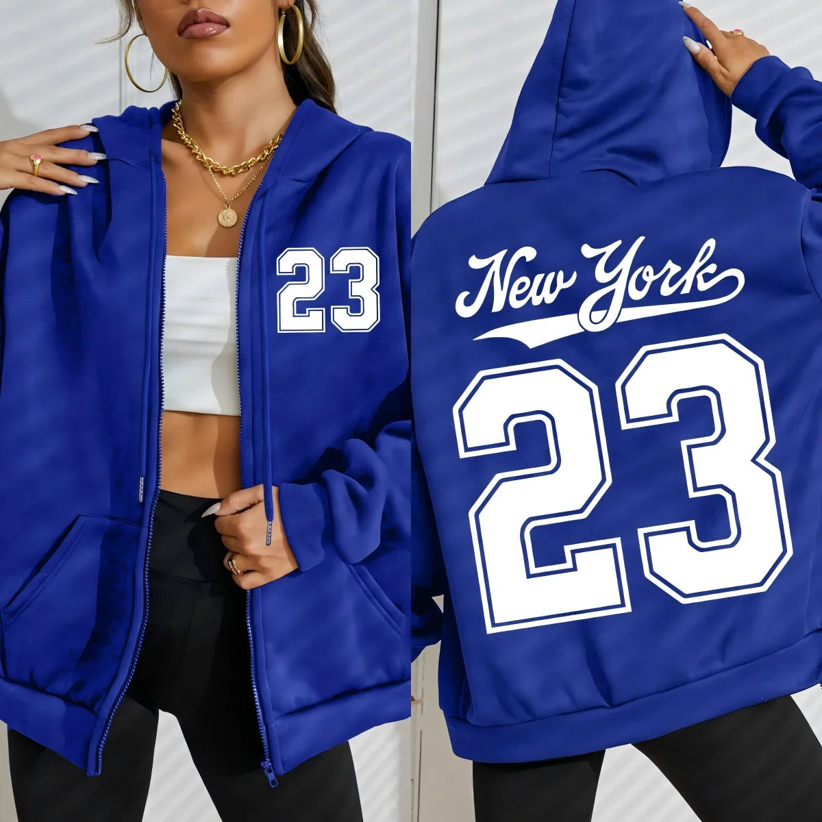 New York Number 23 Art Letter Printing Women Zipper Hoodie Fashion Hoodies Fleece Sportswears Autumn Casual Female Hoody