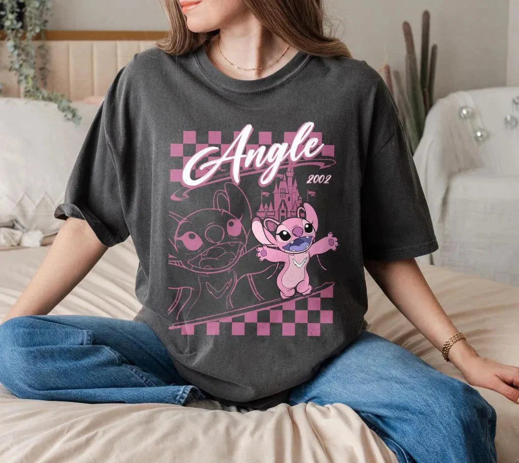 Disney Stitch Cartoon Pattern Printed Cotton Short Sleeve T-shirt Summer Women's Travel Family Party Tee Versatile Commuter Top
