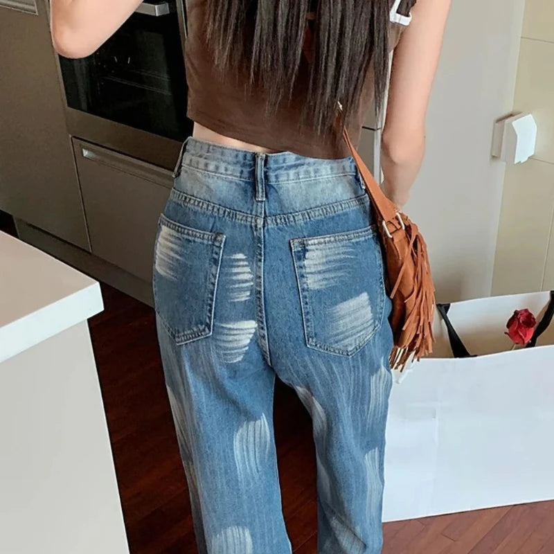Women's Jeans Straight Leg Loosefit Female Cowboy Pants 2025 Korean Style Size X Larg Unique Cheap Medium Wash Fashion Trousers