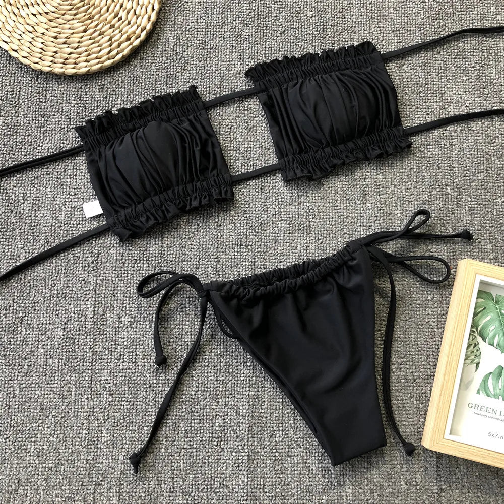 Sexy Bikini 2025 Pleated Bandeau Swimsuit Female Swimwear Women Mini Thong Bikini Set Bather Swimming Beachwear for Bathing Suit