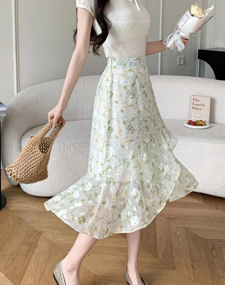 Blue Woman Skirt Floral Midi Ruffle Chiffon A Line Y2k Vintage Chic and Elegant Aesthetic Streetwear 2025 Trend Skirts for Women