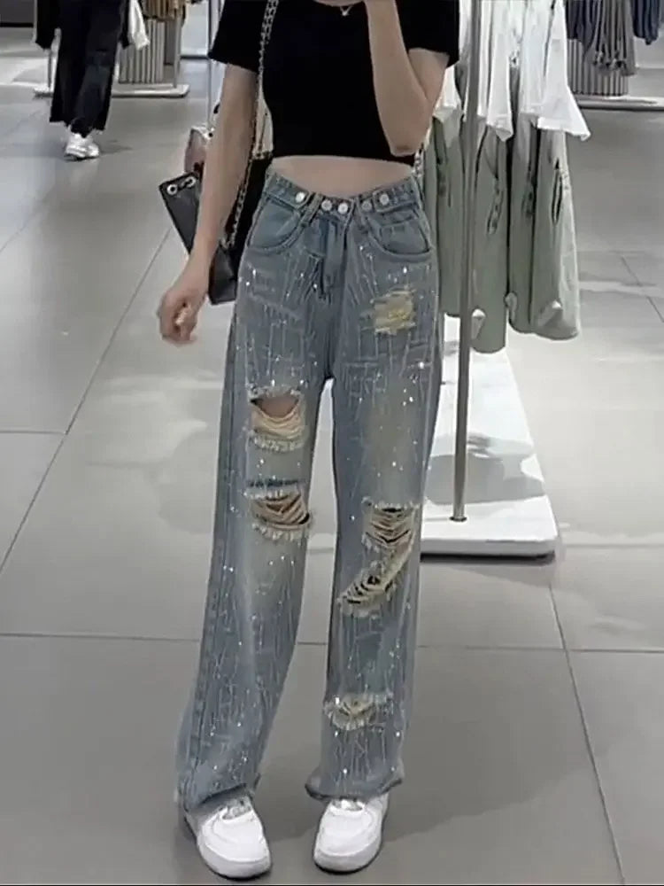 Pantaloni in denim da donna con strass, jeans da donna, gamba dritta, aderenti, larghi, tendenza 2025, economici, grunge, Y2K, pantaloni elasticizzati anni '90