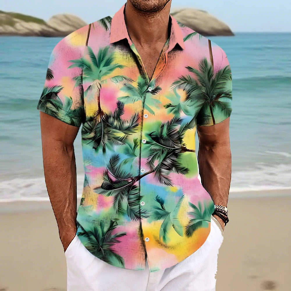 Beach Men's Lapel Shirt Summer Short Sleeve Outdoor Everyday Shirt Tops Landscape Printed Pattern OverSize Loose Men Clothing