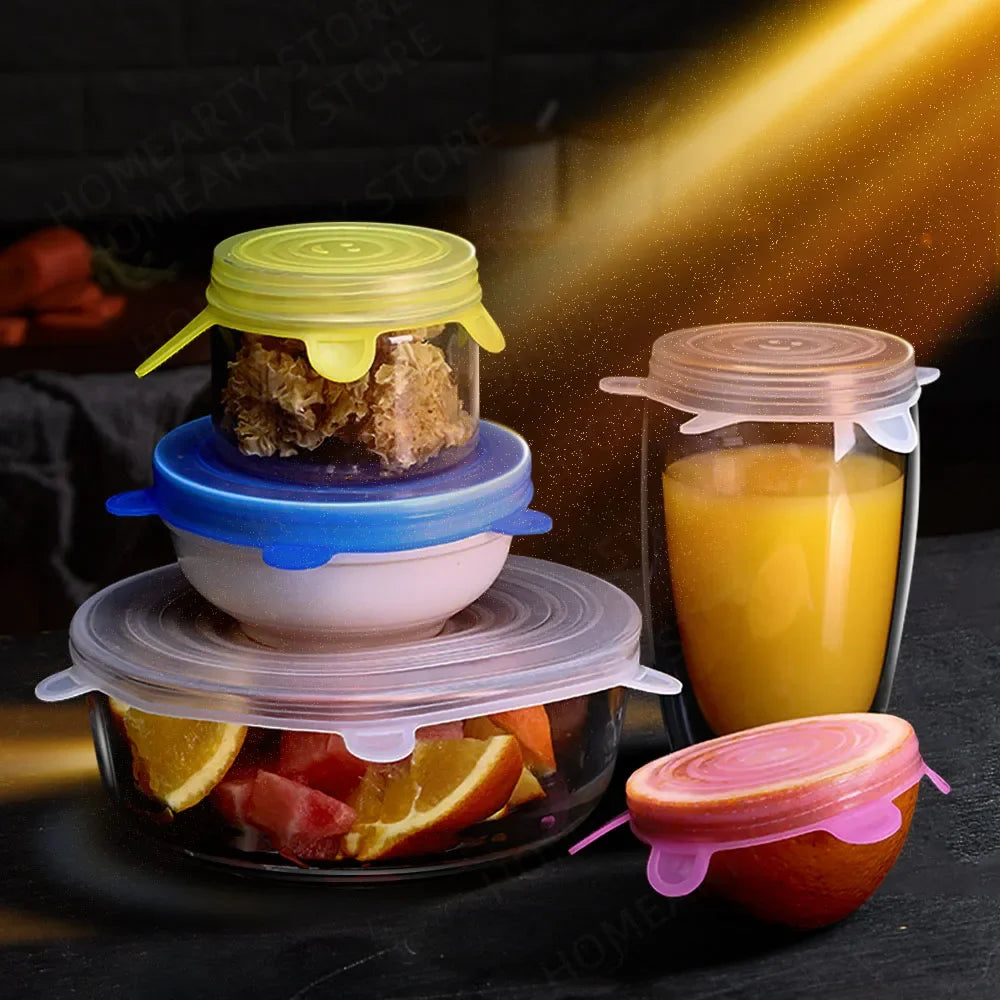 6 Pcs/Set Reusable Silicone Covers Caps Adaptable Silicone Lids For Cans Food Dishes Fresh-keeping Kitchen Accessories Utensils