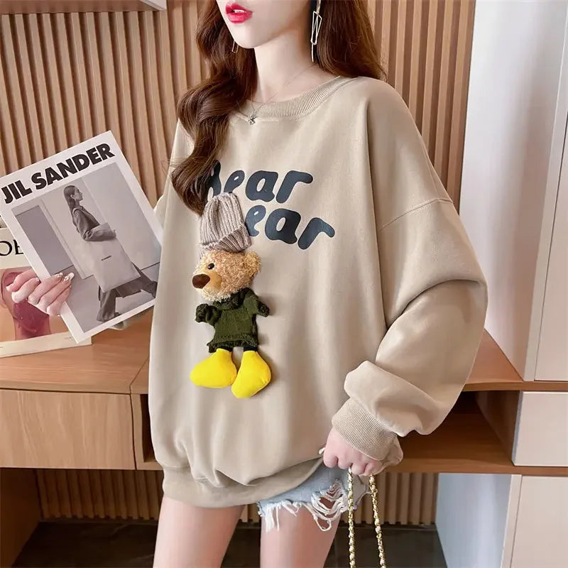 Women's Clothing Trendy Funny Cute 3D Cartoon Bear Streetwear Y2K Sweatshirt Korean O Neck Long Sleeve Oversize Pullover Hoodies