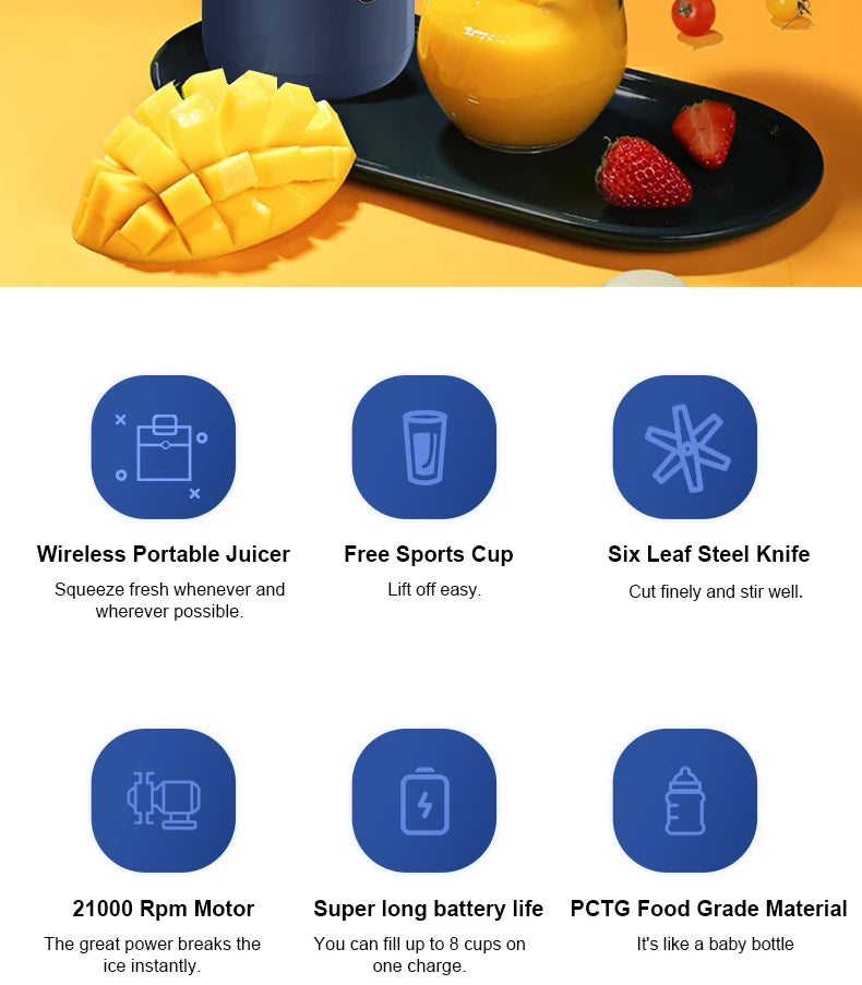Portable Juicer Cup Smoothie Blender 6 Blade Blender Bottle Household Fruit Juicer Cup USB Rechargeable Juicer Kitchen Tool