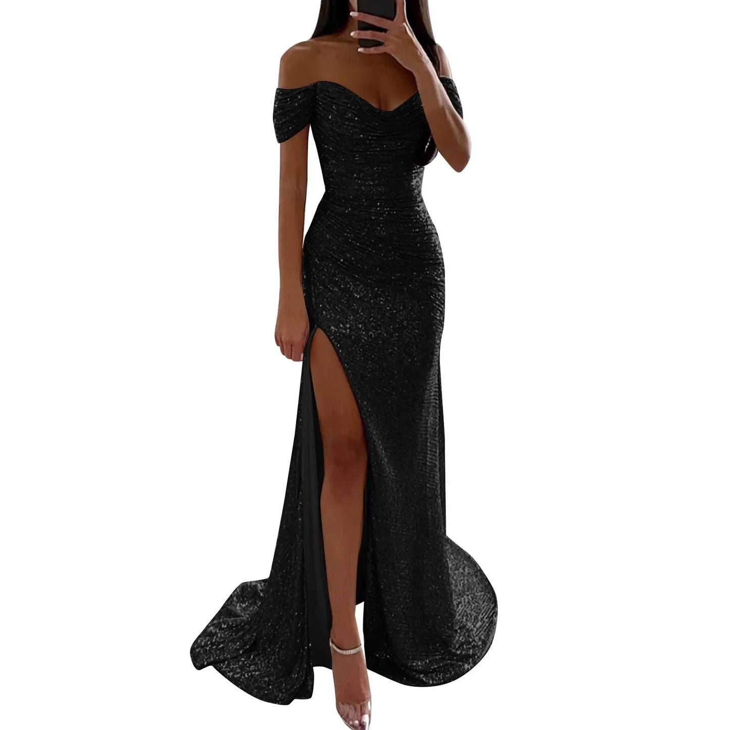 BWQ Women Off Shoulder Prom Dresses Elegant Sequin Solid Evening Party Dresses Ladies Wrap Split Sequined Maxi Formal Dress