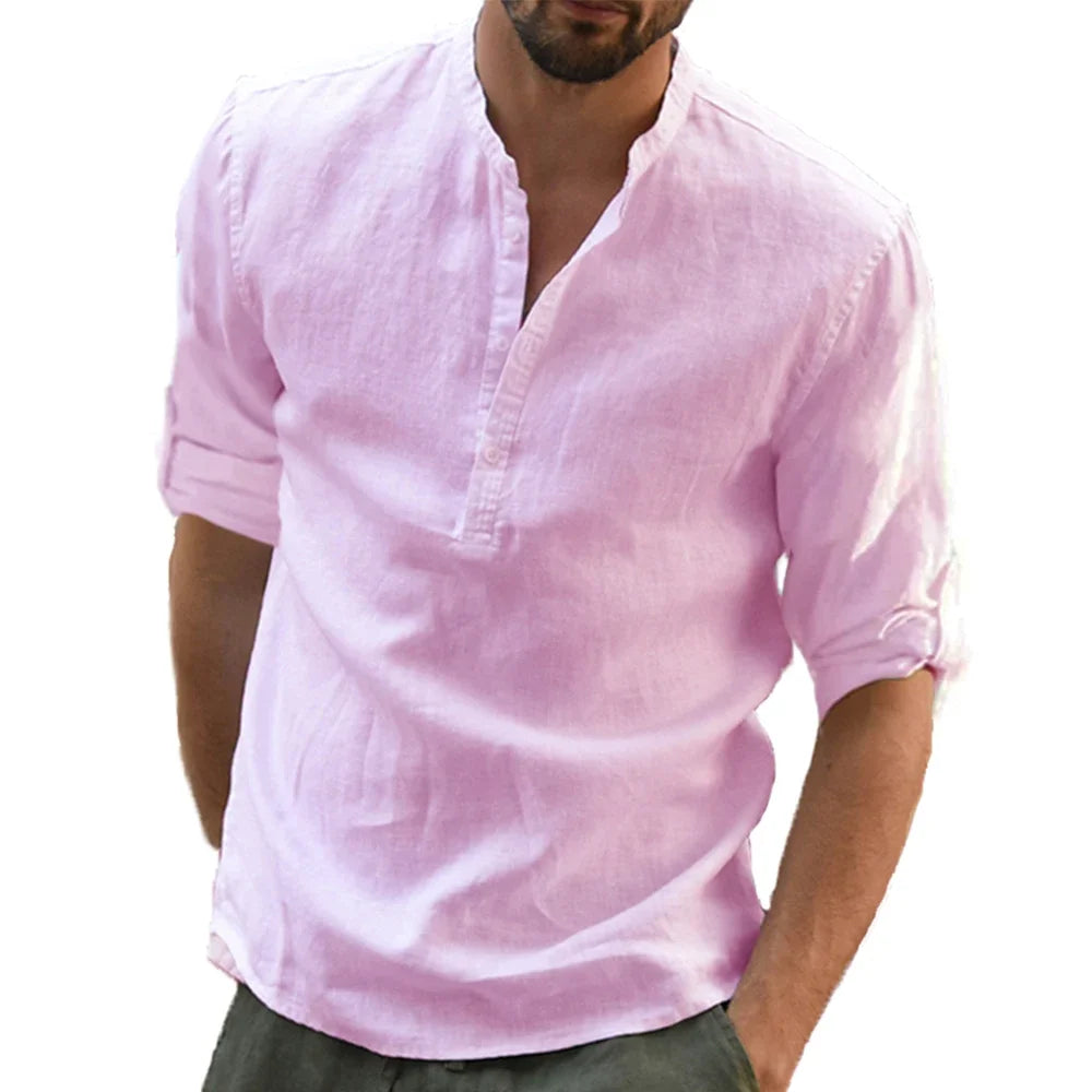 Cotton Linen Hot Sale Men's Long-Sleeved Shirts Summer Solid Color Stand-Up Collar Casual Beach Style Plus Size Linen Man Tops