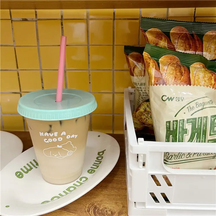 1pc-480ml/700ml Portable Reusable Plastic Straw Cup Large Capacity Handy Cup Drinking Juice Coffee Milk Tea Drinks Summer