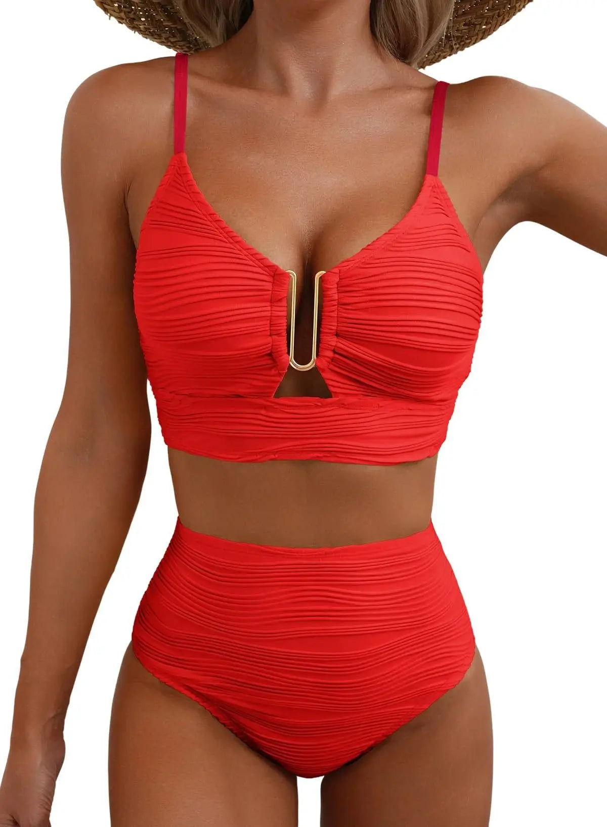 2025 Swimwear Woman Bikini Cutout V Neck Bikini Set High Waist Textured Swimsuit Adjustable Ties Women Beach Resort Wear