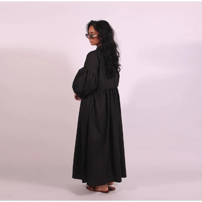 Casual Long Dress Women Loose O Neck Single Breasted Long Sleeves High Waist Robe Female 2025 Summer Fashion Solid Dresses Lady