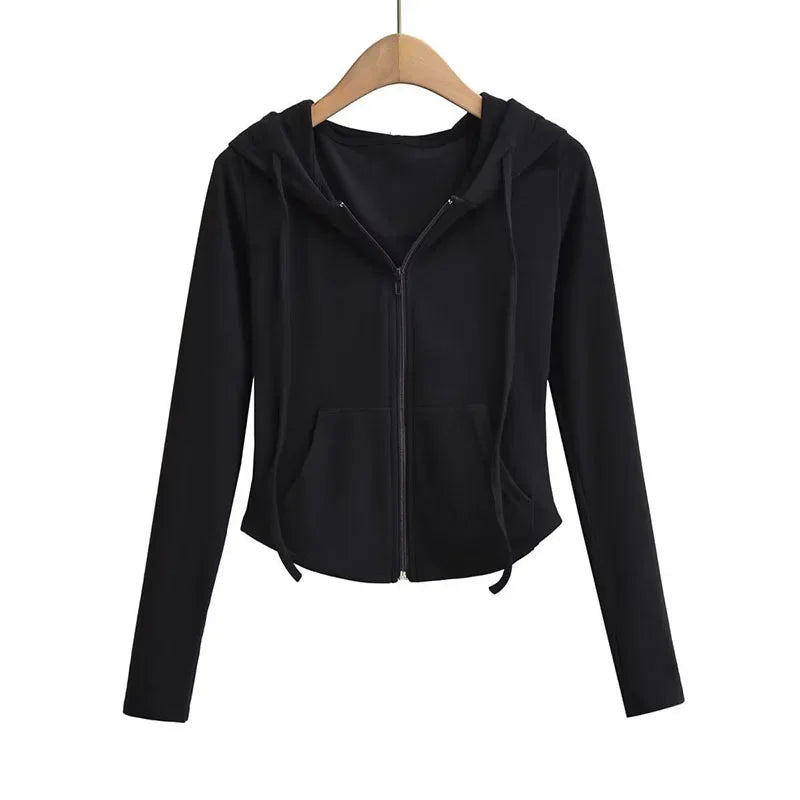 SMVP Streetwear Hooded Pockets Sweatshirt Women Casual Solid Sports Long Sleeve Hoodies Woman Autumn Slim Zipper Cropped Coat