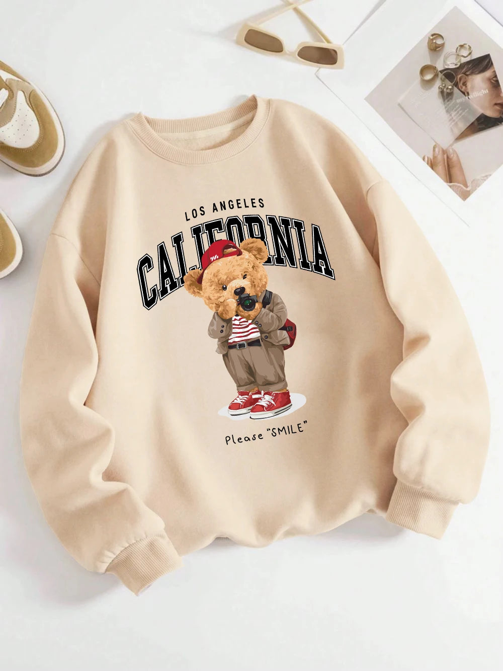 Fashion Womens Pullover Traveling Photographer Bear Printing Hoodie Breathable Loose Crewneck Warm Sweatshirt Winter Clothing