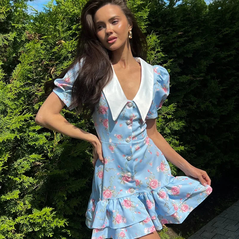 Sweet Floral Printed Ruffle Hem Dress Chic A-line Lapel Puff Sleeve Dresses For Women 2025 Summer Lady Holiday Street Gowns New