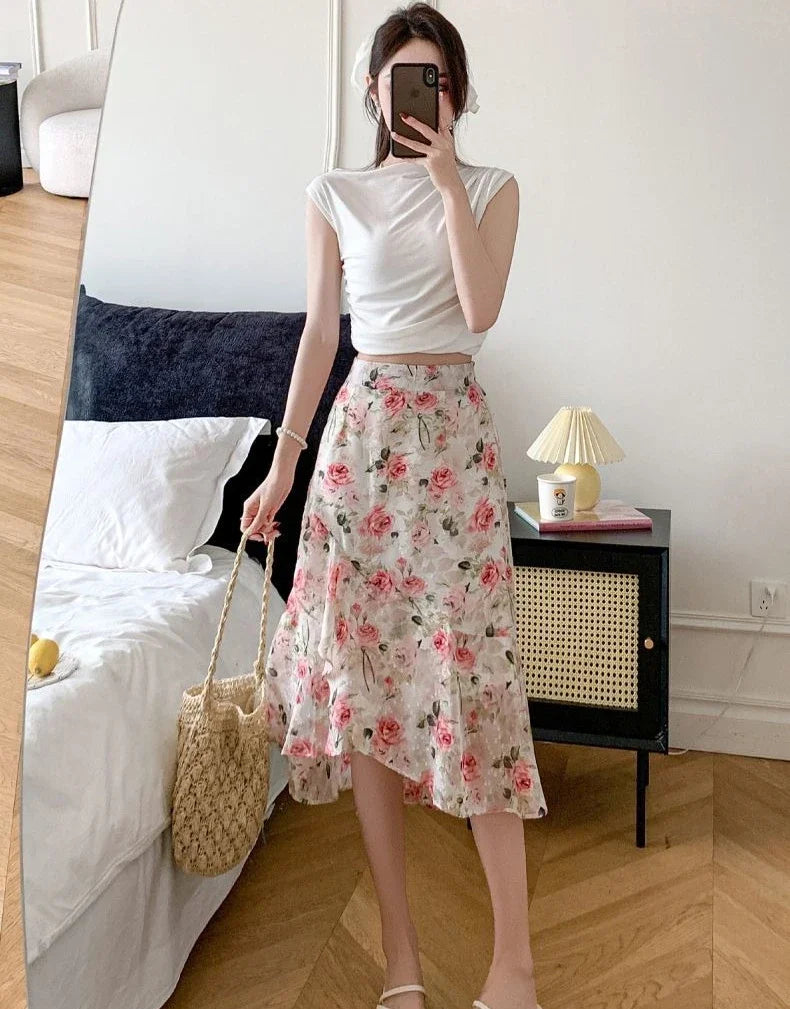 Blue Woman Skirt Floral Midi Ruffle Chiffon A Line Y2k Vintage Chic and Elegant Aesthetic Streetwear 2025 Trend Skirts for Women