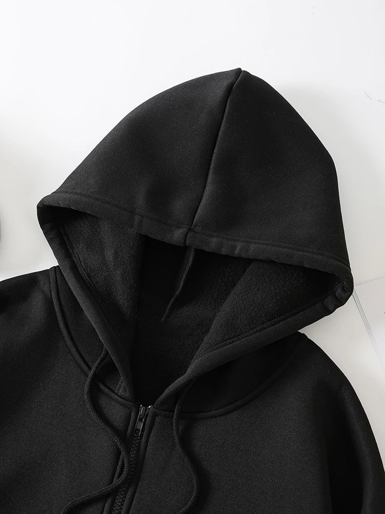 Autumn Fashion Solid Zipper Hoodie Women Warm Fleece Hooded Sweatshirt Casual Street Pocket Sportswear Oversized Female Clothing