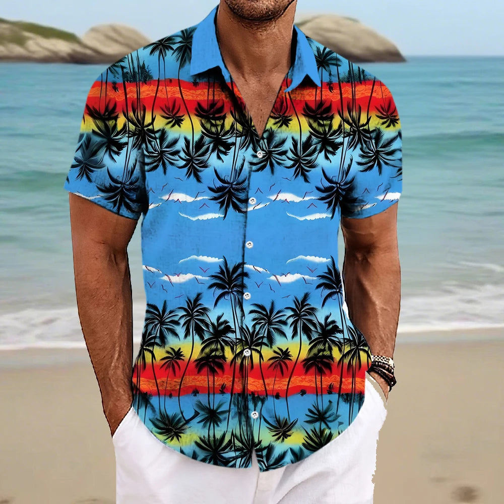 Beach Men's Lapel Shirt Summer Short Sleeve Outdoor Everyday Shirt Tops Landscape Printed Pattern OverSize Loose Men Clothing