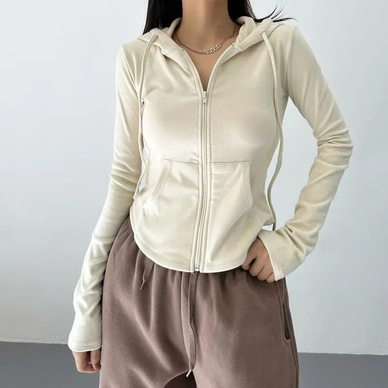 SMVP Streetwear Hooded Pockets Sweatshirt Women Casual Solid Sports Long Sleeve Hoodies Woman Autumn Slim Zipper Cropped Coat