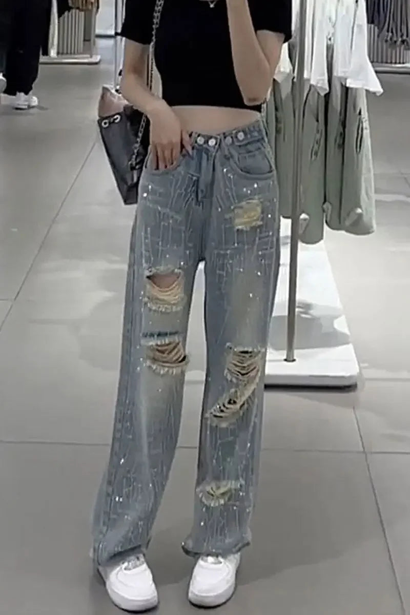 Pantaloni in denim da donna con strass, jeans da donna, gamba dritta, aderenti, larghi, tendenza 2025, economici, grunge, Y2K, pantaloni elasticizzati anni '90