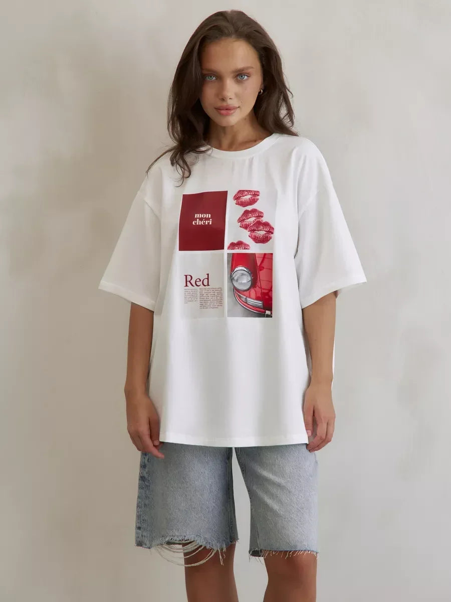 European and American Y2K Lip Printed T-shirt Women's Summer Fashion Casual Creative Streetwear Retro Short-sleeved Clothing