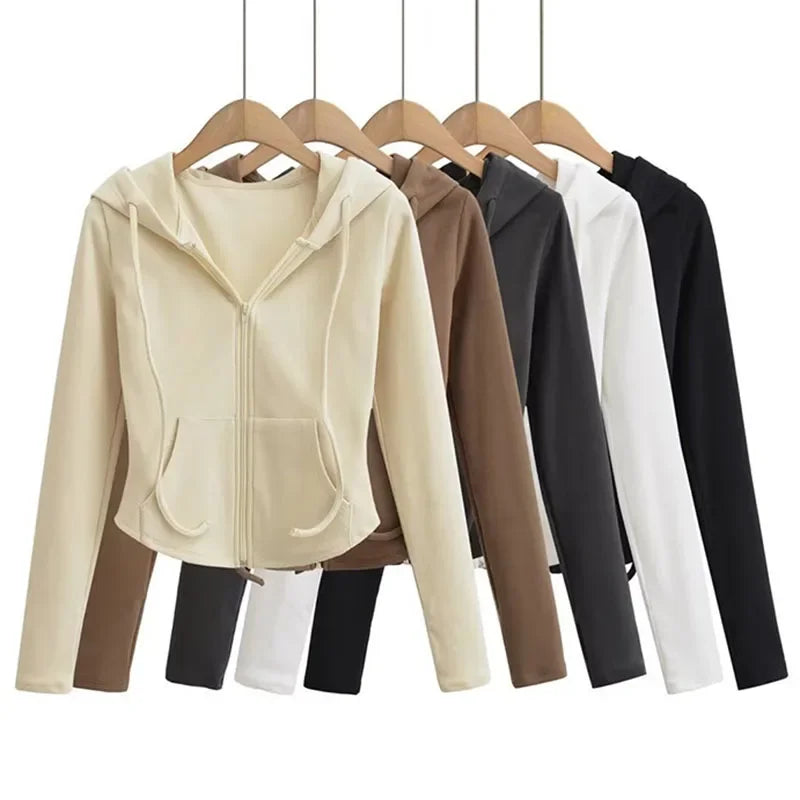 SMVP Streetwear Hooded Pockets Sweatshirt Women Casual Solid Sports Long Sleeve Hoodies Woman Autumn Slim Zipper Cropped Coat