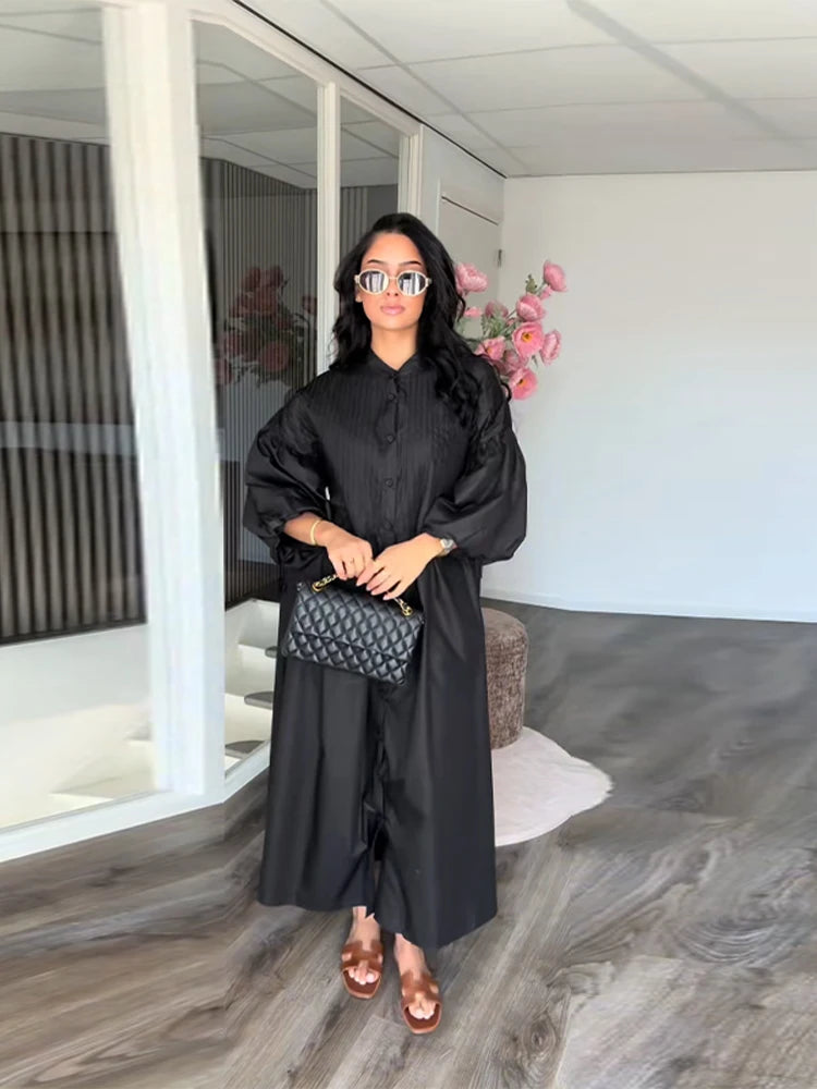 Casual Long Dress Women Loose O Neck Single Breasted Long Sleeves High Waist Robe Female 2025 Summer Fashion Solid Dresses Lady