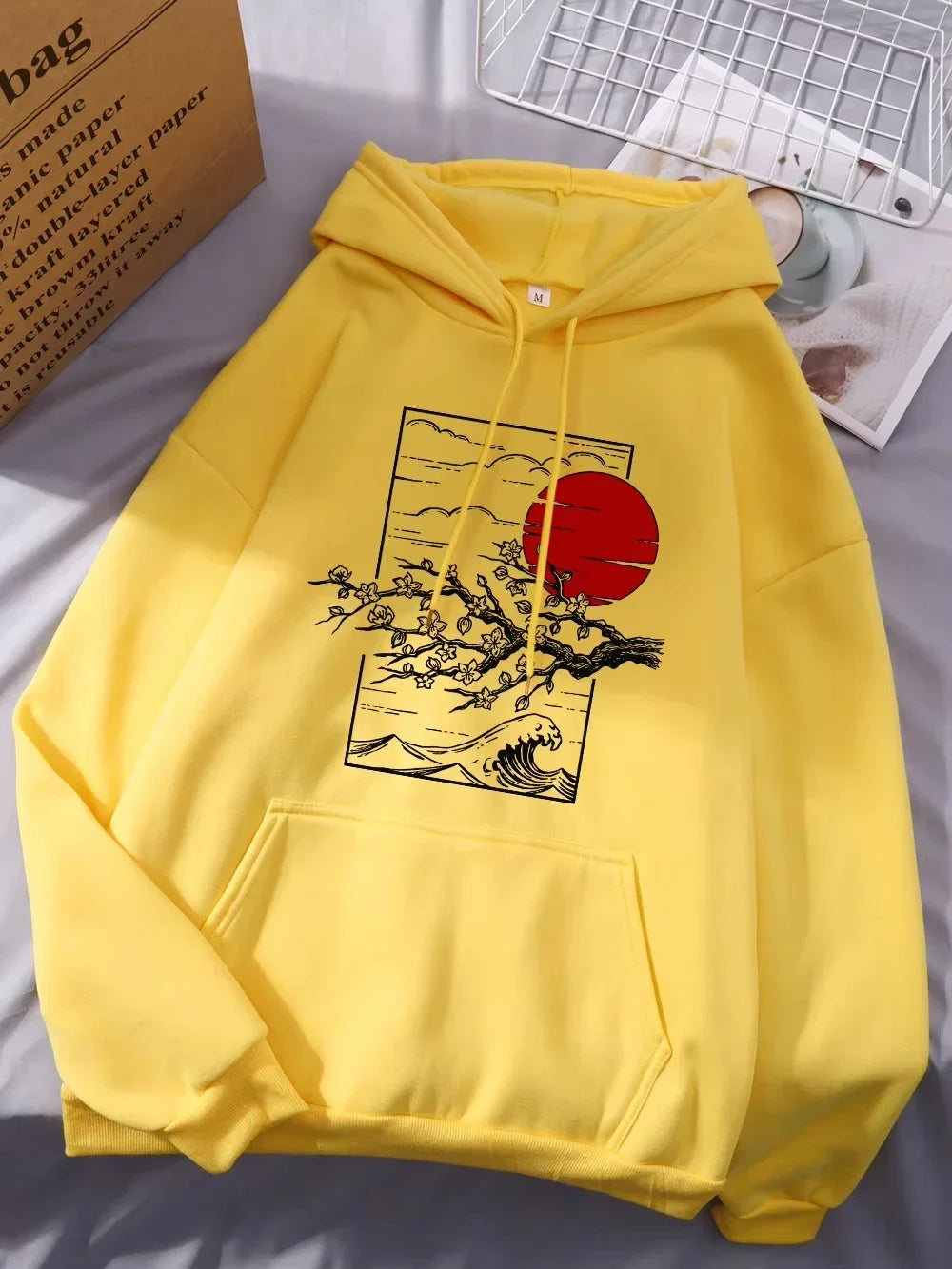 2025 Japanese Cherry Blossom Print Hoodie Women's Winter Warm Casual Street Loose Women's Pocket Hoodie Graphic Women Clothing