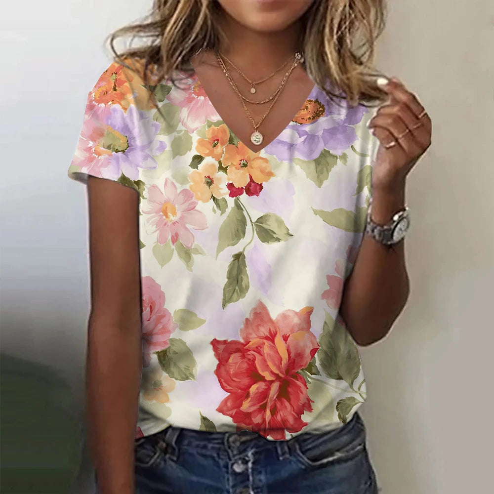 Women T-Shirt Summer Flower Floral 3D Print T-Shirts Women Streetwear Harajuku T Shirt V-Neck Tees Woman Tops Oversized Clothing