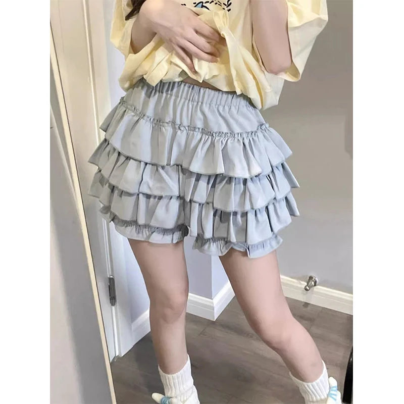 MEXZT Y2K Sweet Ruffles Mini Skirt Women Kawaii Lolita Bow A Line Skirts Harajuku Japanese High Waist Pink White Ball Gown Skirt