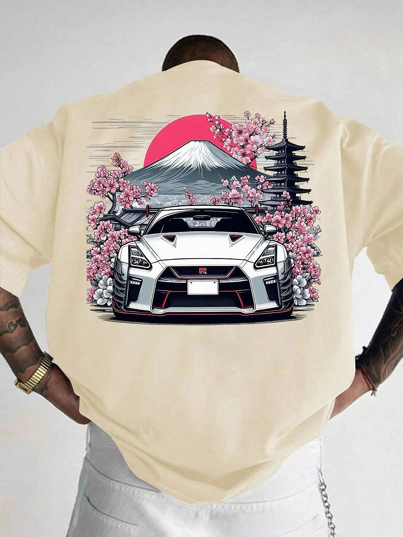 Sakura Car Print T-shirt Men's Summer Sweat-absorbing Breathable Comfortable Top Outdoor Short-sleeved Trendy Men's Clothing
