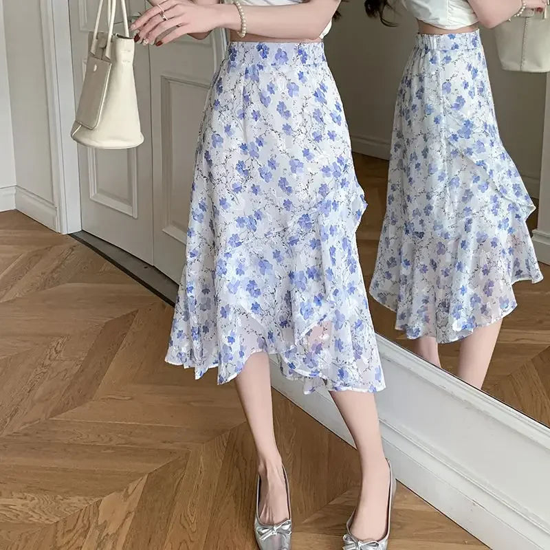 Blue Woman Skirt Floral Midi Ruffle Chiffon A Line Y2k Vintage Chic and Elegant Aesthetic Streetwear 2025 Trend Skirts for Women