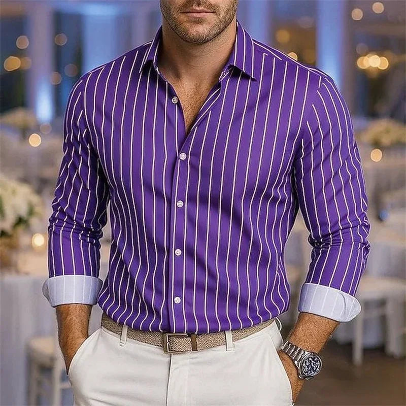Men's loose striped shirt, casual breathable lapel button long sleeve shirt, festive wedding shirt, soft and comfortable fabric