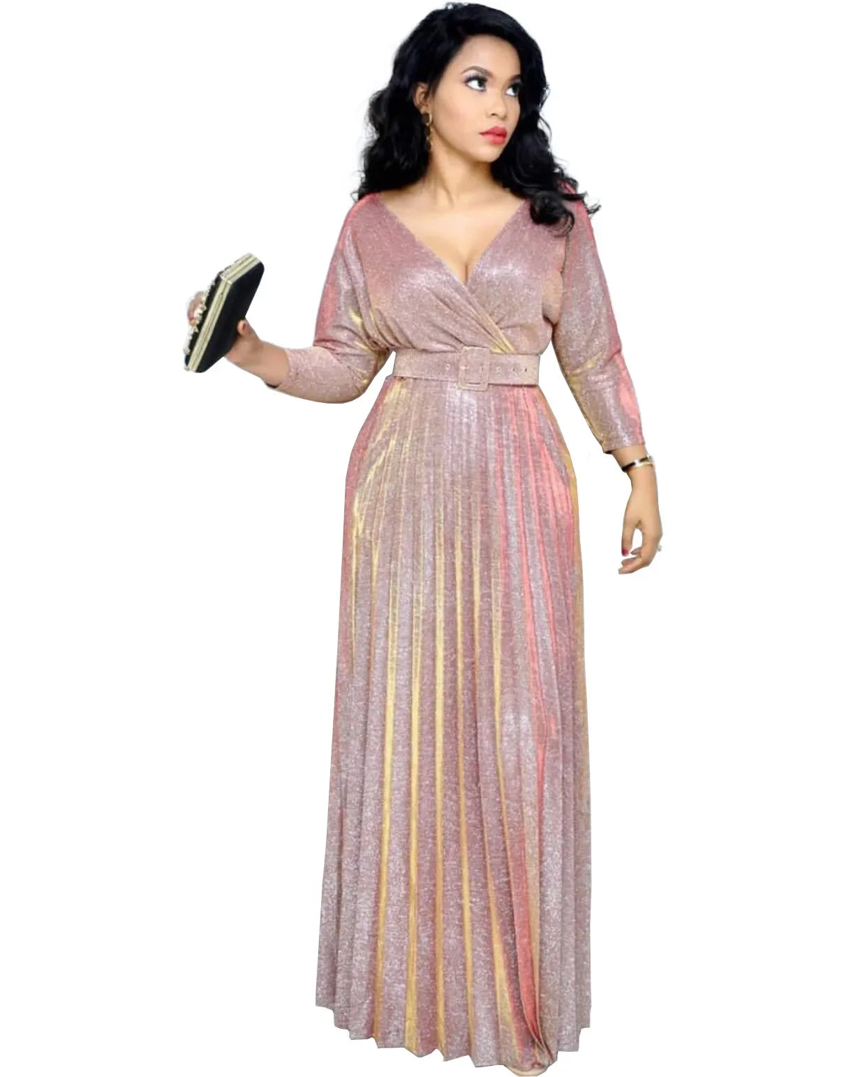 Fashion Elegant Long Sleeve V Neck High Waist Party Cocktail Graduation Pleated Dress Women Sexy Sequins Evening Dress