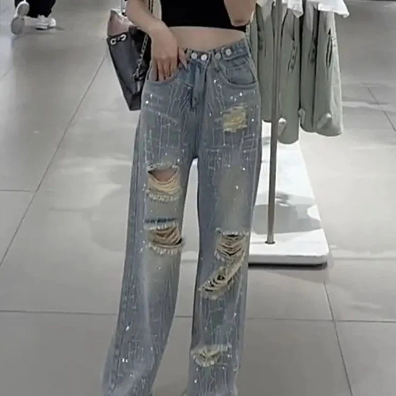 Pantaloni in denim da donna con strass, jeans da donna, gamba dritta, aderenti, larghi, tendenza 2025, economici, grunge, Y2K, pantaloni elasticizzati anni '90