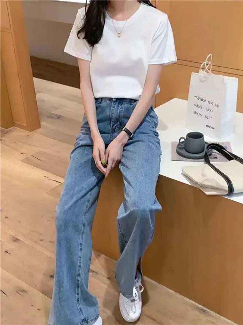 Solid Women Short Sleeve T Shirt Cotton O Neck Loose Black White Basic Thin Tops Fashion Harajuku Casual Outer Wear T-Shirts