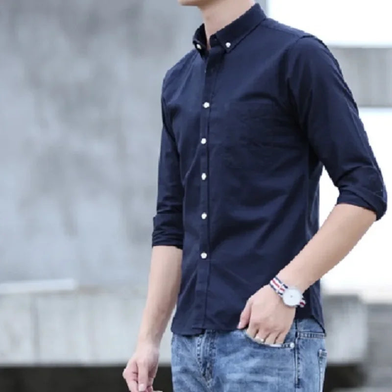 Classic fit cotton Full Casual shirts for men solid color long-sleeve plain shirt single pocket top soft slim fit formal clothes