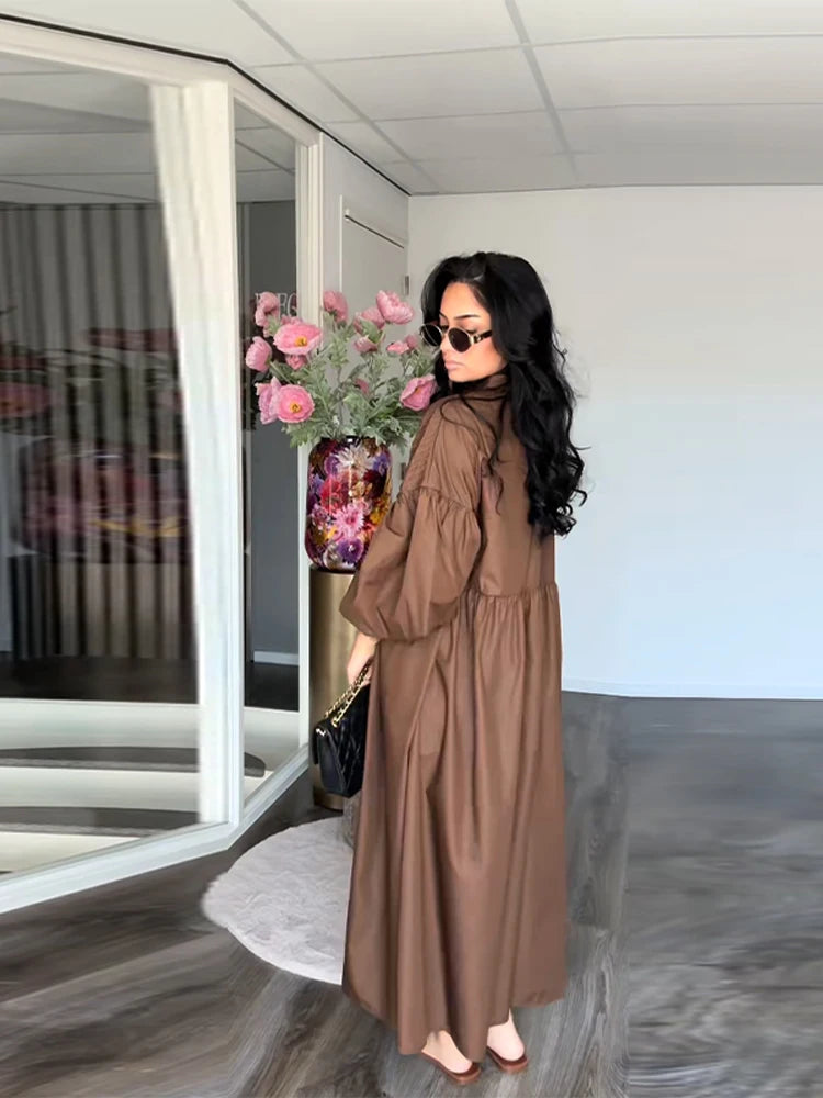 Casual Long Dress Women Loose O Neck Single Breasted Long Sleeves High Waist Robe Female 2025 Summer Fashion Solid Dresses Lady