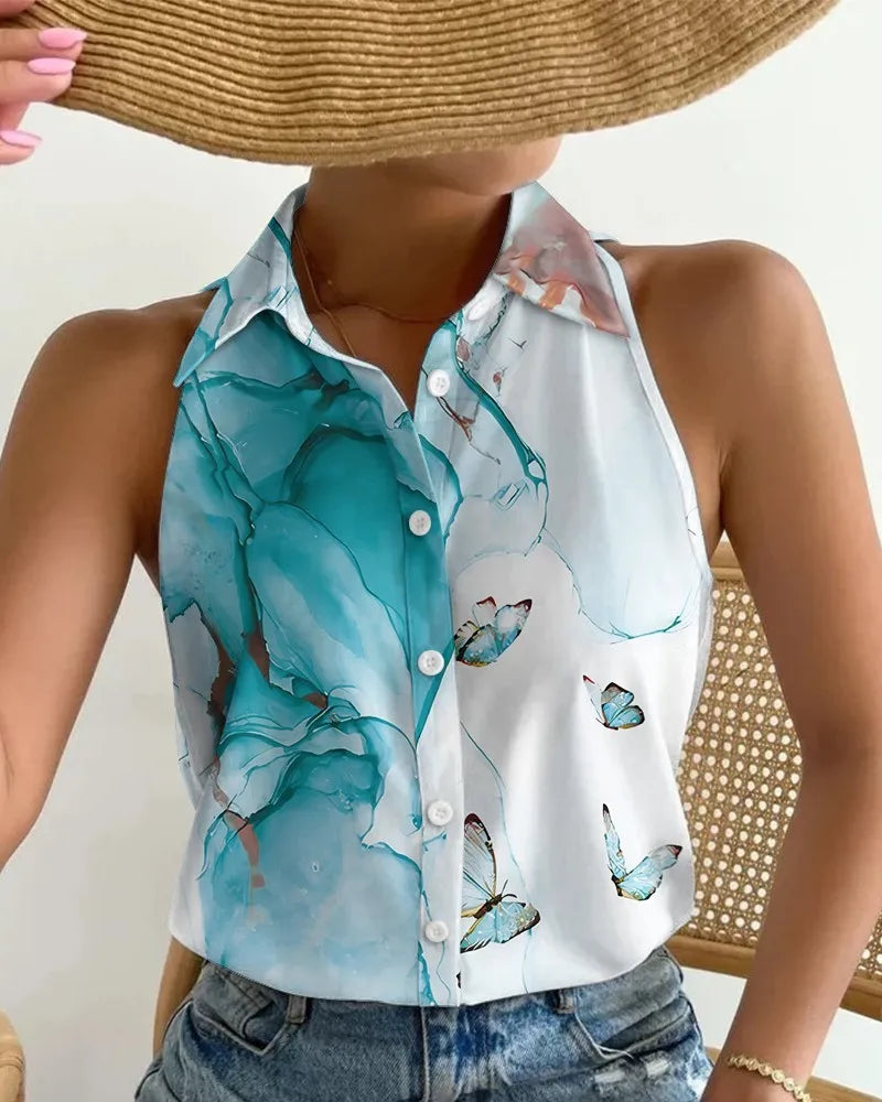 Global AliExpress Europe and America cross-border summer casual fashion one-shoulder sleeveless abstract print women's shirt