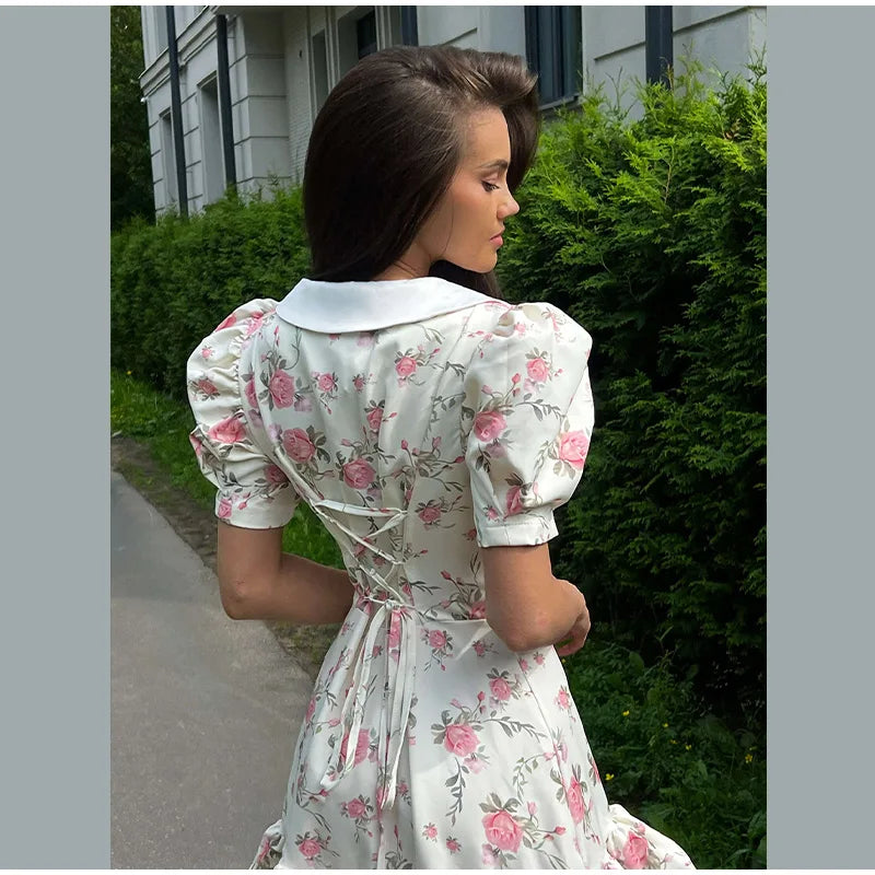 Sweet Floral Printed Ruffle Hem Dress Chic A-line Lapel Puff Sleeve Dresses For Women 2025 Summer Lady Holiday Street Gowns New